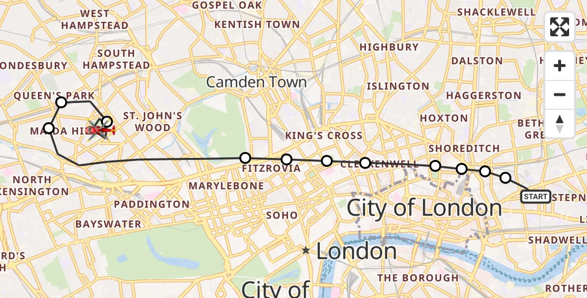 Flight route Air Ambulance Helicopter Royal London Hospital - Queen's Park, 08 September 2026, 16:07