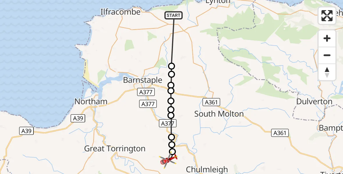 Flight route Air Ambulance Helicopter North Devon - Burrington, 08 September 2026, 16:10