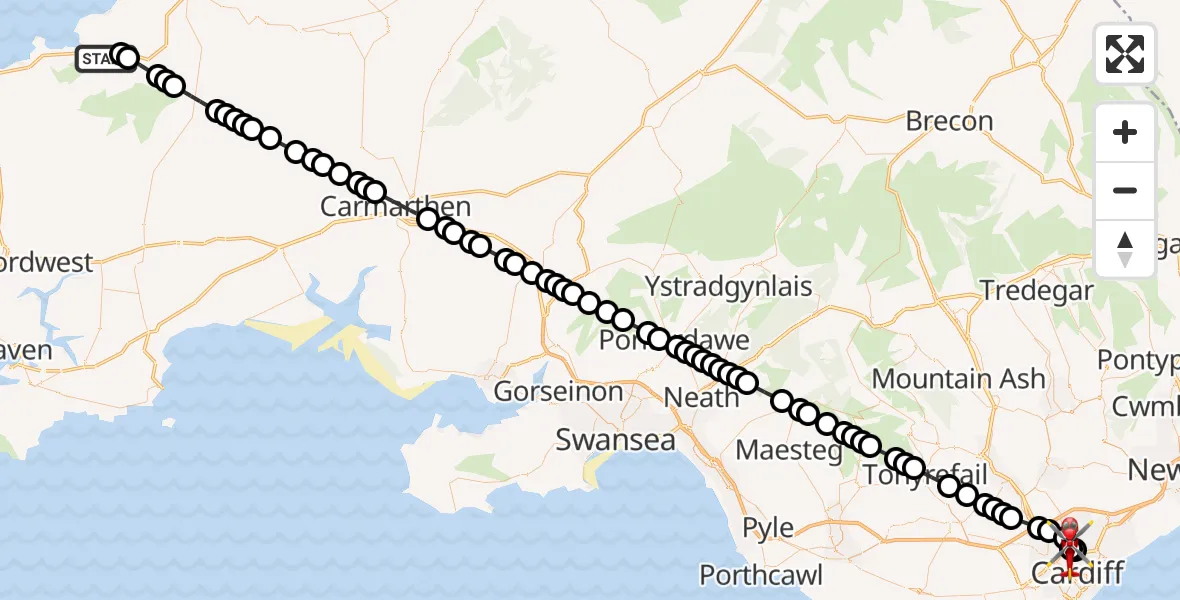 Flight route Air Ambulance Helicopter Nanhyfer / Nevern - Gabalfa, 08 September 2026, 16:18