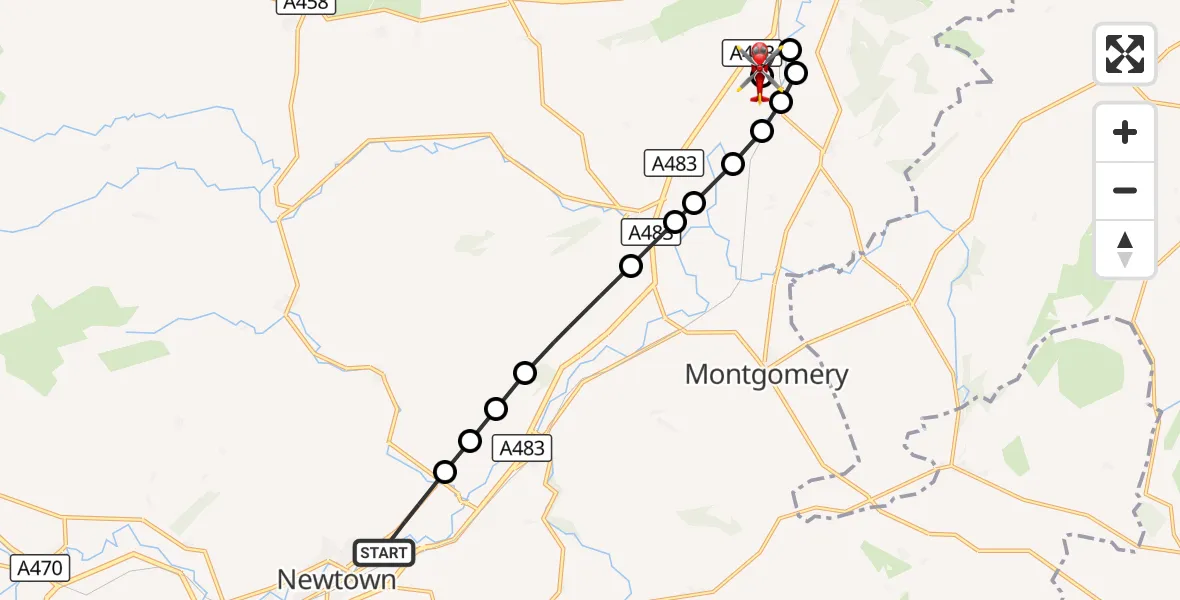 Flight route Air Ambulance Helicopter Newtown - Welshpool Airport, 08 September 2026, 16:29