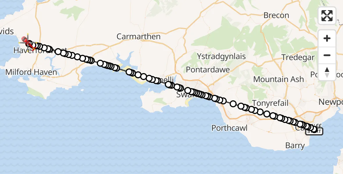 Flight route Air Ambulance Helicopter Cardiff Heliport - Keeston, 08 September 2026, 16:37