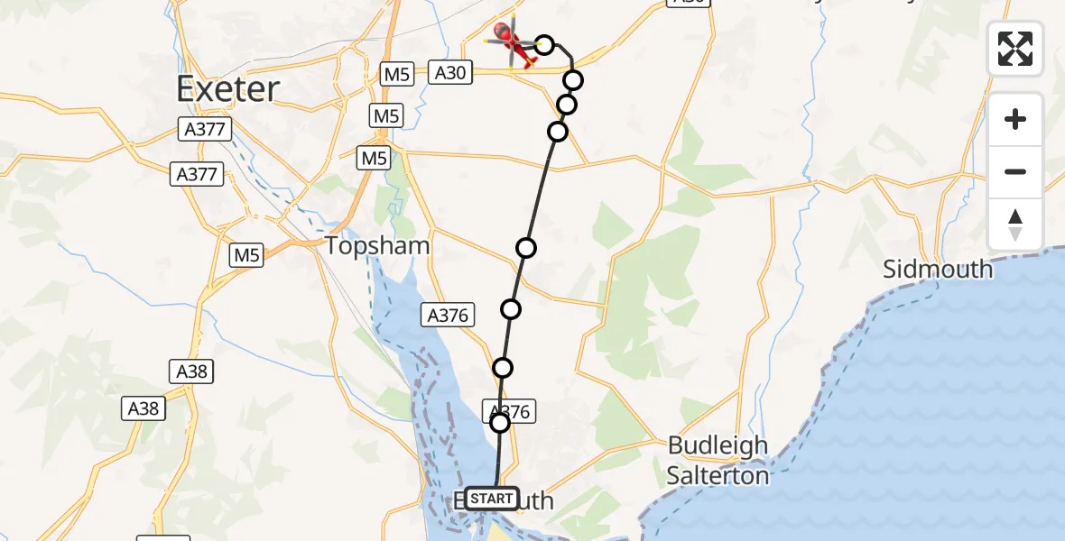 Flight route Air Ambulance Helicopter Exmouth - Exeter International Airport, 08 September 2026, 16:46