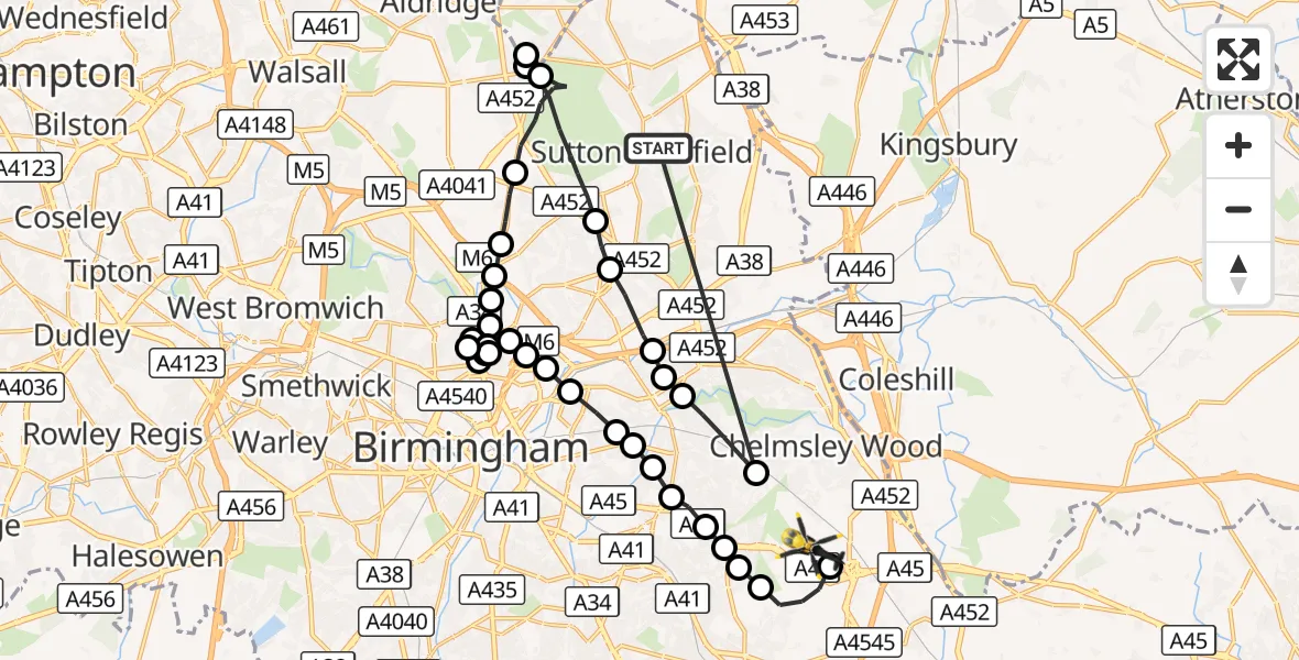 Flight route Police Helicopter Sutton Coldfield - Birmingham Airport, 08 September 2026, 16:48