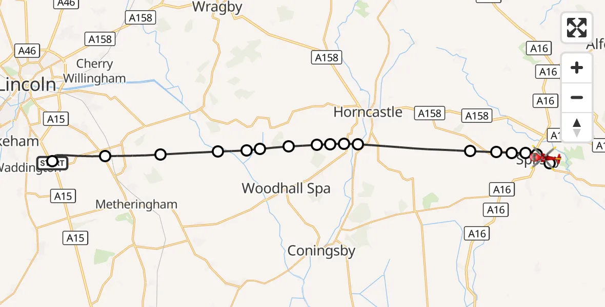 Flight route Air Ambulance Helicopter RAF Waddington - Spilsby, 08 September 2026, 16:55