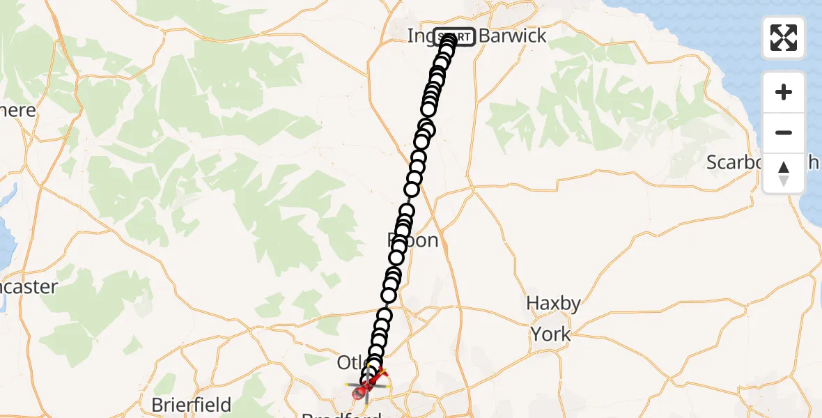Flight route Air Ambulance Helicopter Longnewton - Leeds Bradford Airport, 08 September 2026, 16:58