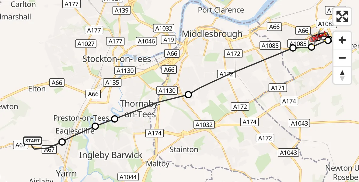 Flight route Air Ambulance Helicopter Egglescliffe - South Bank, 08 September 2026, 17:12