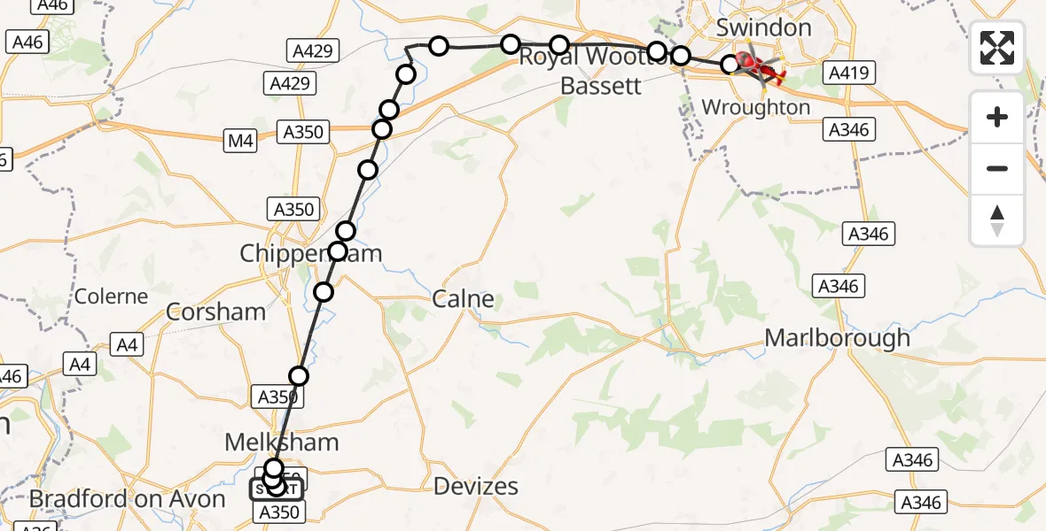 Flight route Air Ambulance Helicopter Wiltshire Air Ambulance - Wroughton, 08 September 2026, 17:22