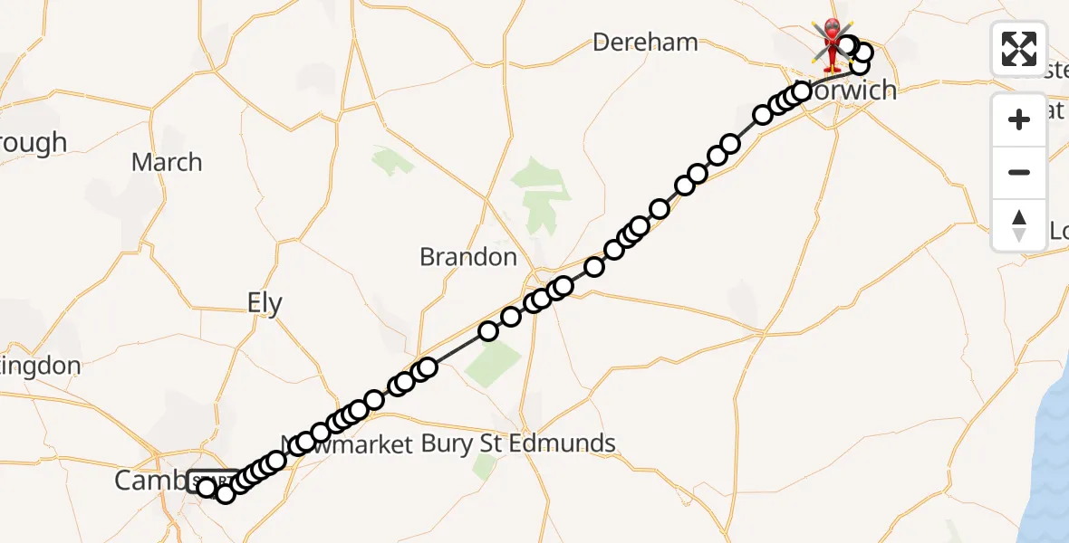 Flight route Air Ambulance Helicopter Cambridge City Airport - Norwich Airport, 08 September 2026, 17:23