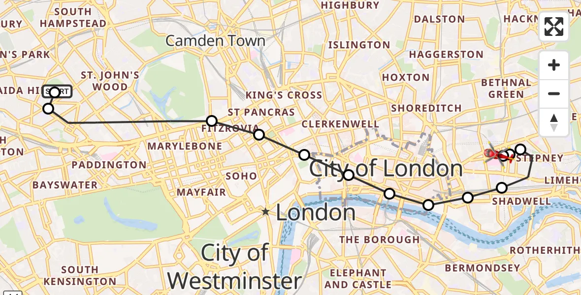 Flight route Air Ambulance Helicopter City of Westminster - Royal London Hospital, 08 September 2026, 17:26
