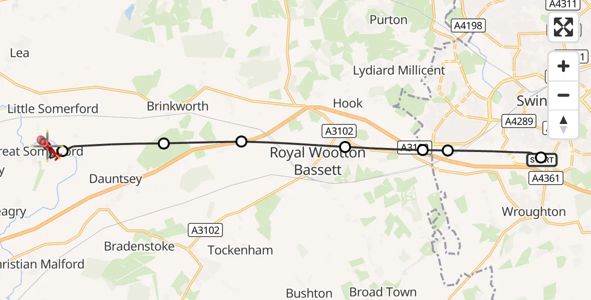 Flight route Air Ambulance Helicopter Swindon - Great Somerford, 08 September 2026, 17:57