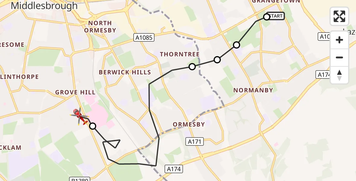 Flight route Air Ambulance Helicopter Grangetown - Middlesbrough, 08 September 2026, 17:57