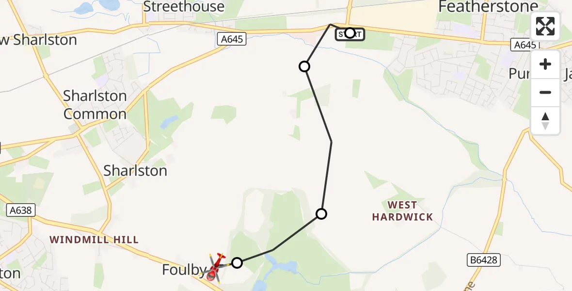 Flight route Air Ambulance Helicopter Featherstone - YAA Nostell Helicopter Port, 08 September 2026, 18:04