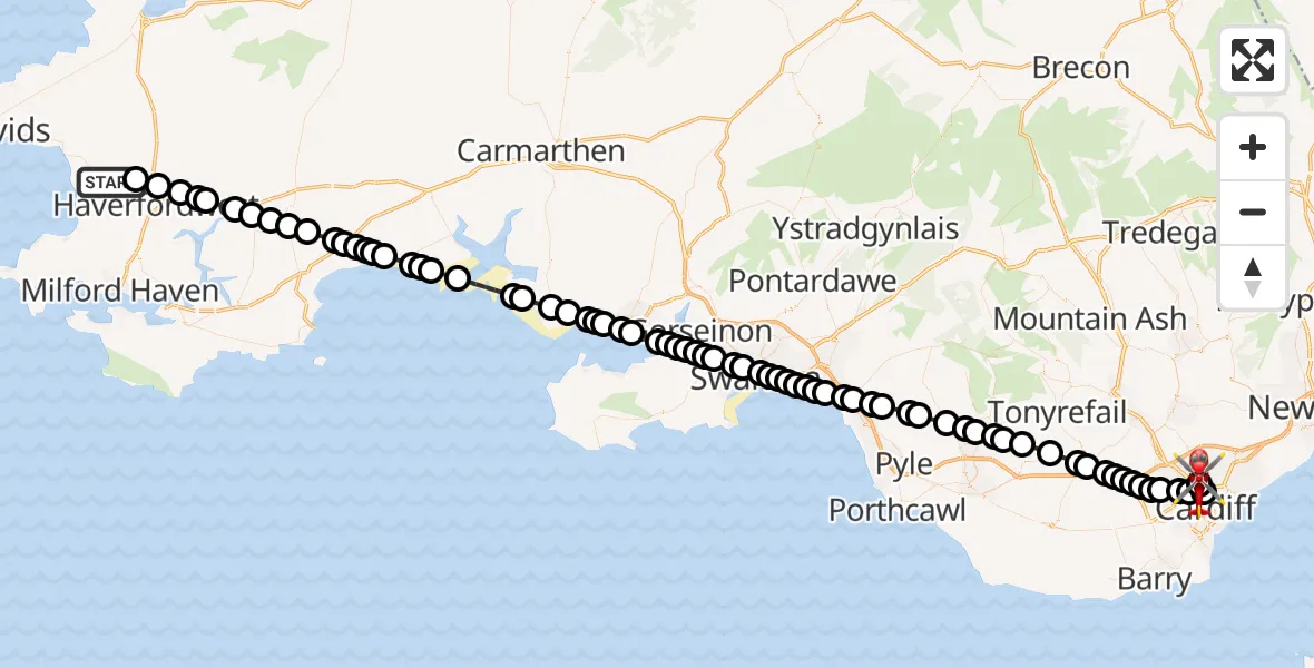Flight route Air Ambulance Helicopter Keeston - Gabalfa, 08 September 2026, 18:06