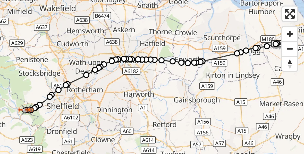 Flight route Coastguard Helicopter Humberside Airport - Bamford, 08 September 2026, 18:23