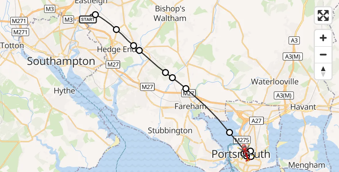Flight route Air Ambulance Helicopter Southampton Airport - Somers Town, 08 September 2026, 18:24
