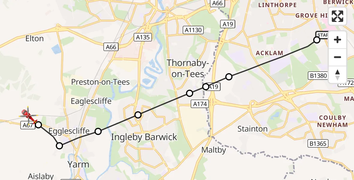 Flight route Air Ambulance Helicopter James Cook University Hospital - Egglescliffe, 08 September 2026, 18:29