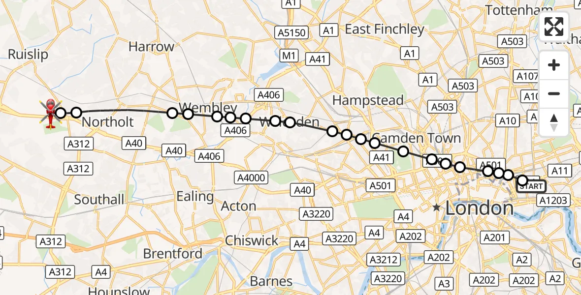 Flight route Air Ambulance Helicopter Royal London Hospital - RAF Northolt, 08 September 2026, 18:37
