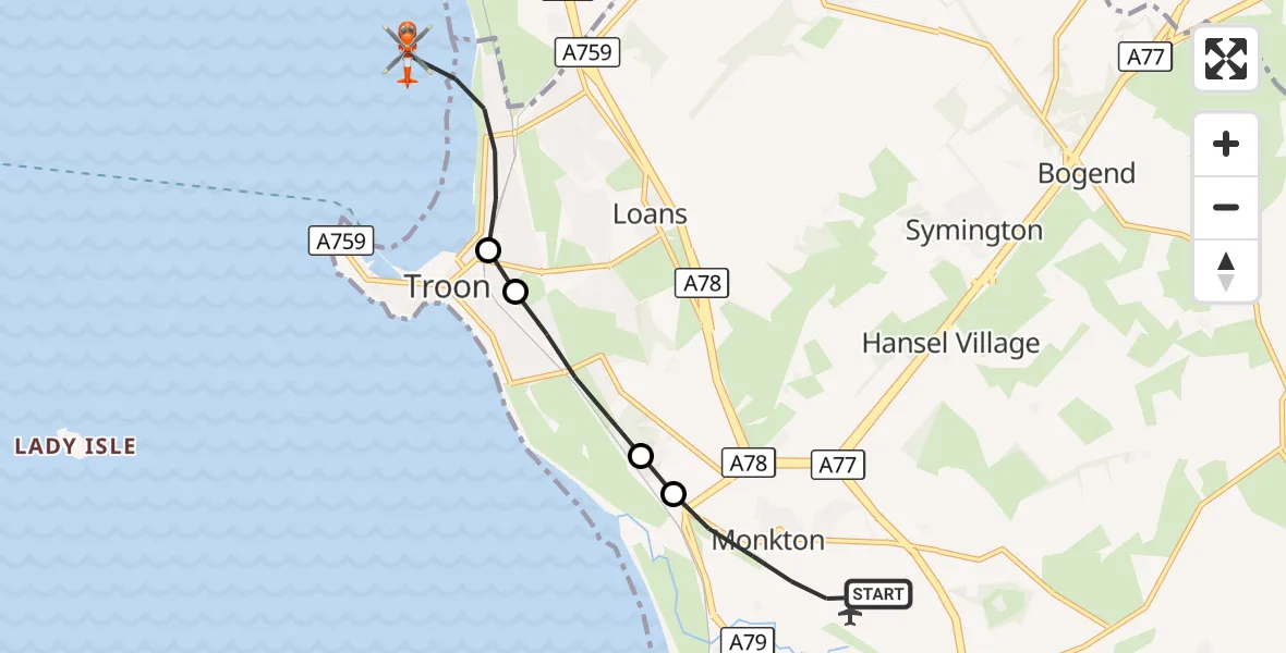 Flight route Coastguard Helicopter Glasgow Prestwick Airport - Troon, 08 September 2026, 18:40