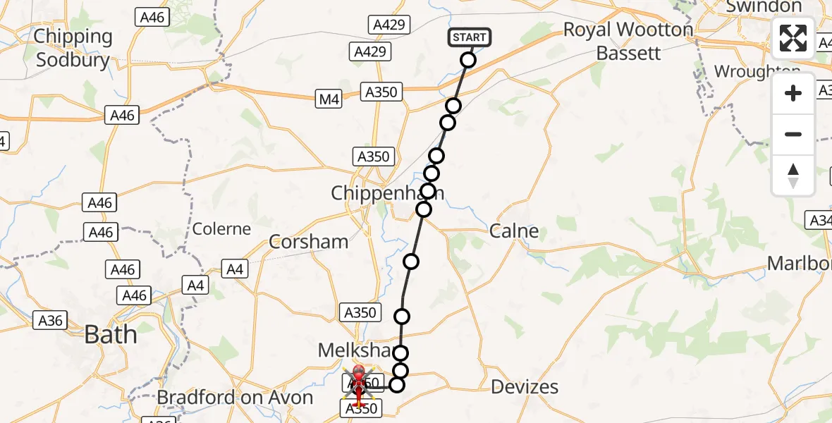 Flight route Air Ambulance Helicopter Great Somerford - Wiltshire Air Ambulance, 08 September 2026, 18:49