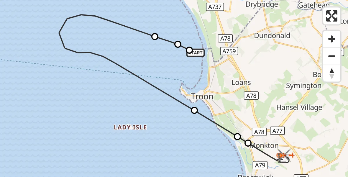Flight route Coastguard Helicopter Troon - Glasgow Prestwick Airport, 08 September 2026, 18:51