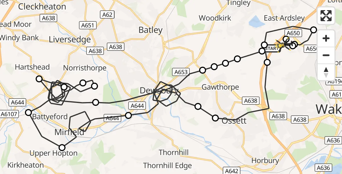 Flight route Police Helicopter East Ardsley - East Ardsley, 08 September 2026, 19:26