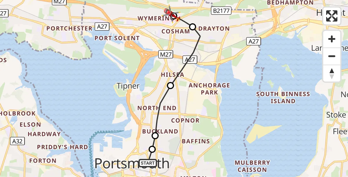 Flight route Air Ambulance Helicopter Somers Town - Queen Alexandra Hospital, 08 September 2026, 19:27