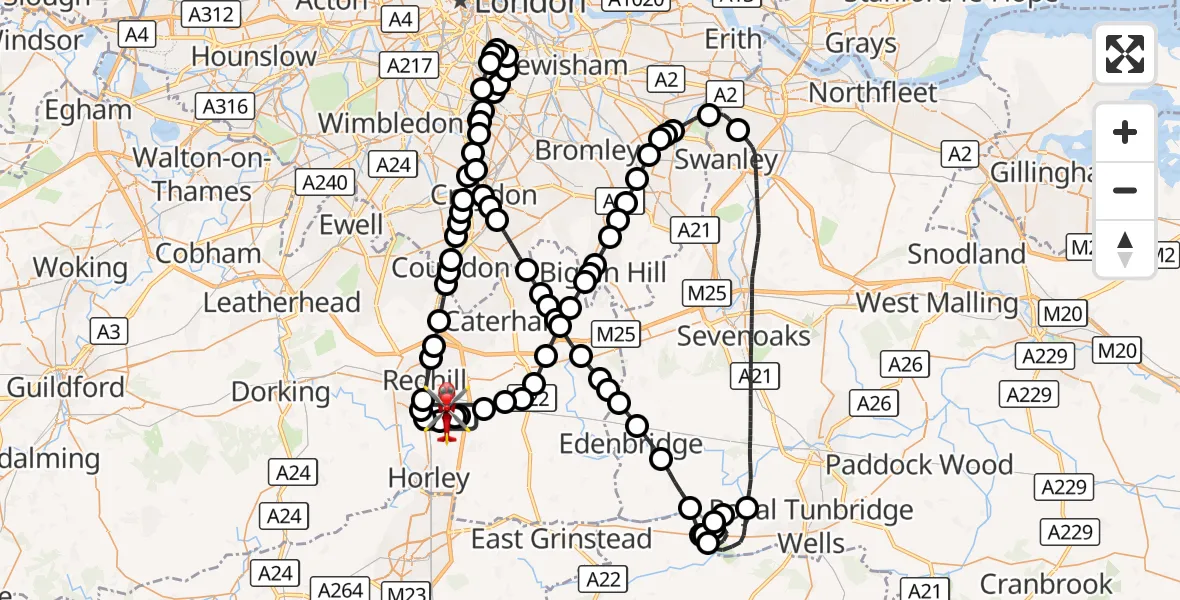 Flight route Air Ambulance Helicopter Redhill Aerodrome - Redhill Aerodrome, 08 September 2026, 19:32