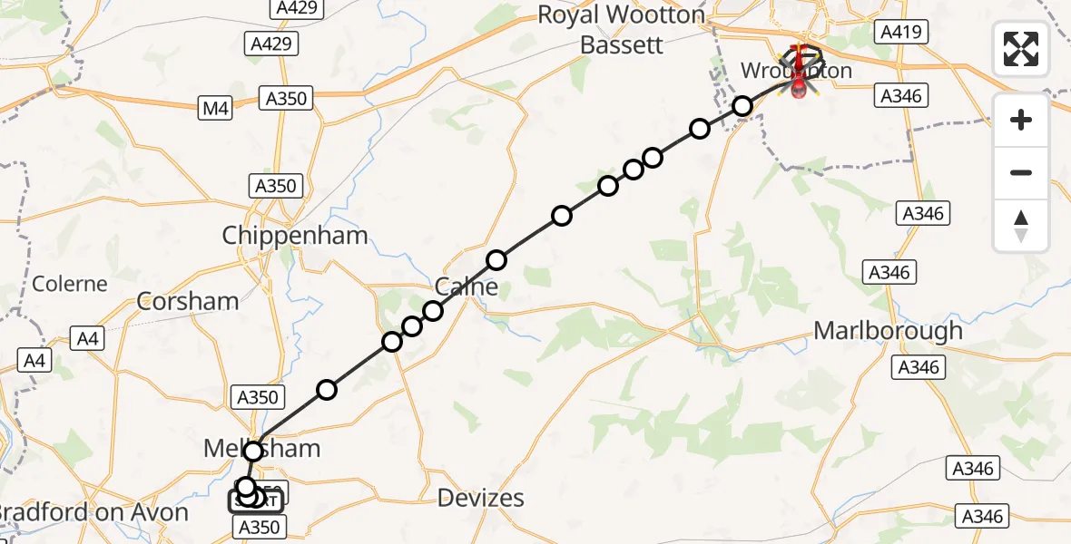 Flight route Air Ambulance Helicopter Wiltshire Air Ambulance - Wroughton, 08 September 2026, 19:38