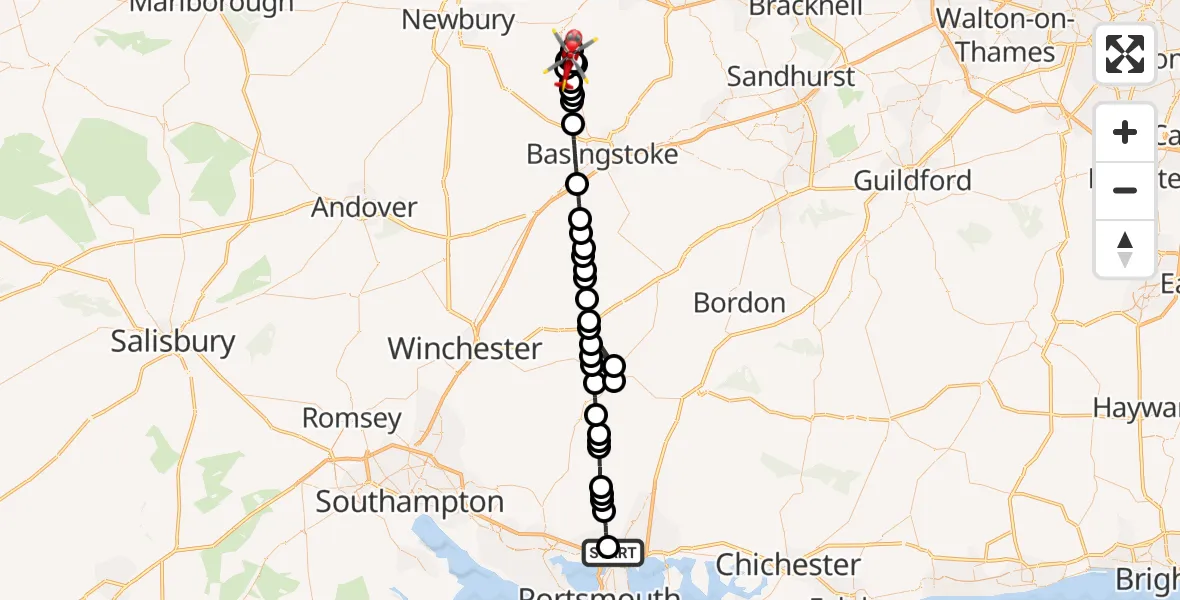 Flight route Air Ambulance Helicopter Queen Alexandra Hospital - Aldermaston, 08 September 2026, 19:50