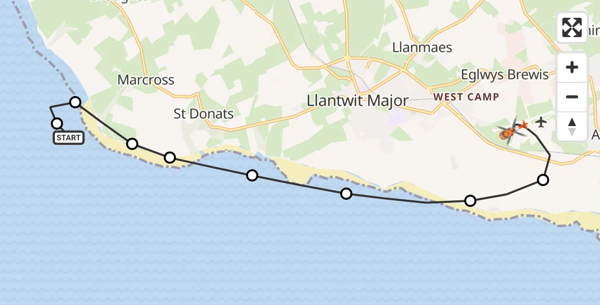 Flight route Coastguard Helicopter Marcross - MOD St Athan, 08 September 2026, 19:54