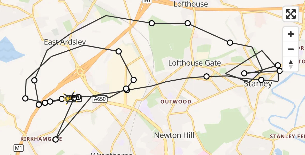 Flight route Police Helicopter East Ardsley - East Ardsley, 08 September 2026, 19:59