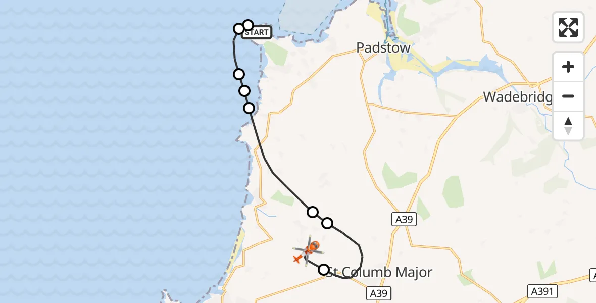 Flight route Coastguard Helicopter St. Merryn - Cornwall Airport Newquay, 08 September 2026, 20:08