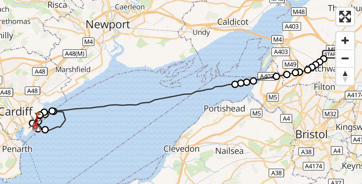 Flight route Air Ambulance Helicopter Almondsbury Helicopter Base - Cardiff Heliport, 08 September 2026, 20:10
