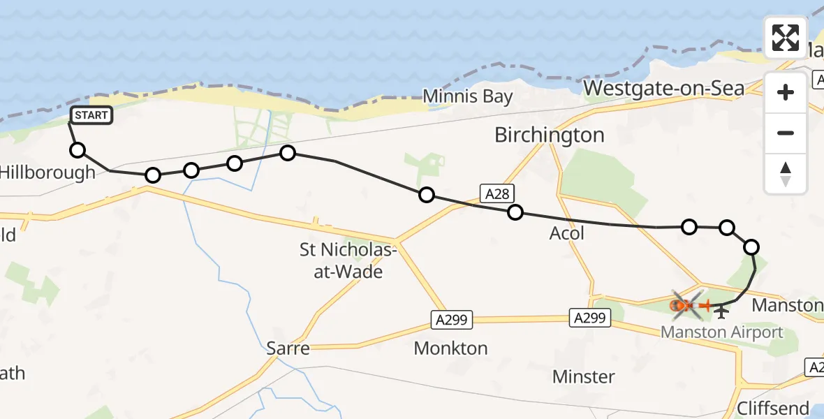 Flight route Coastguard Helicopter Hillborough - Manston Airport, 08 September 2026, 20:28