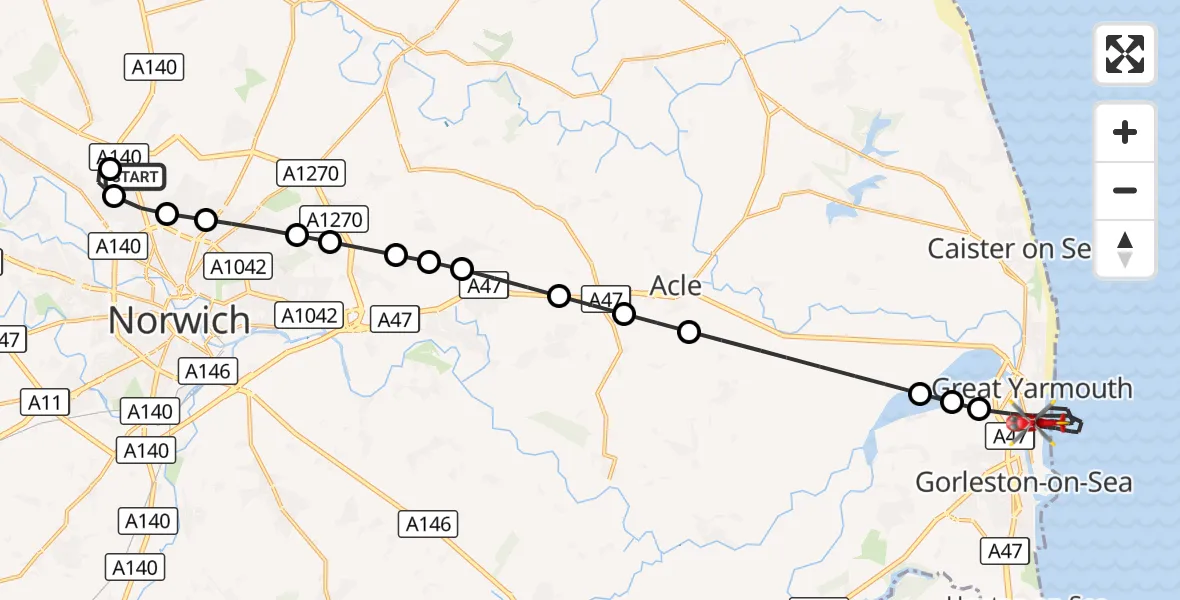 Flight route Air Ambulance Helicopter Norwich Airport - Gorleston-on-Sea, 08 September 2026, 20:36