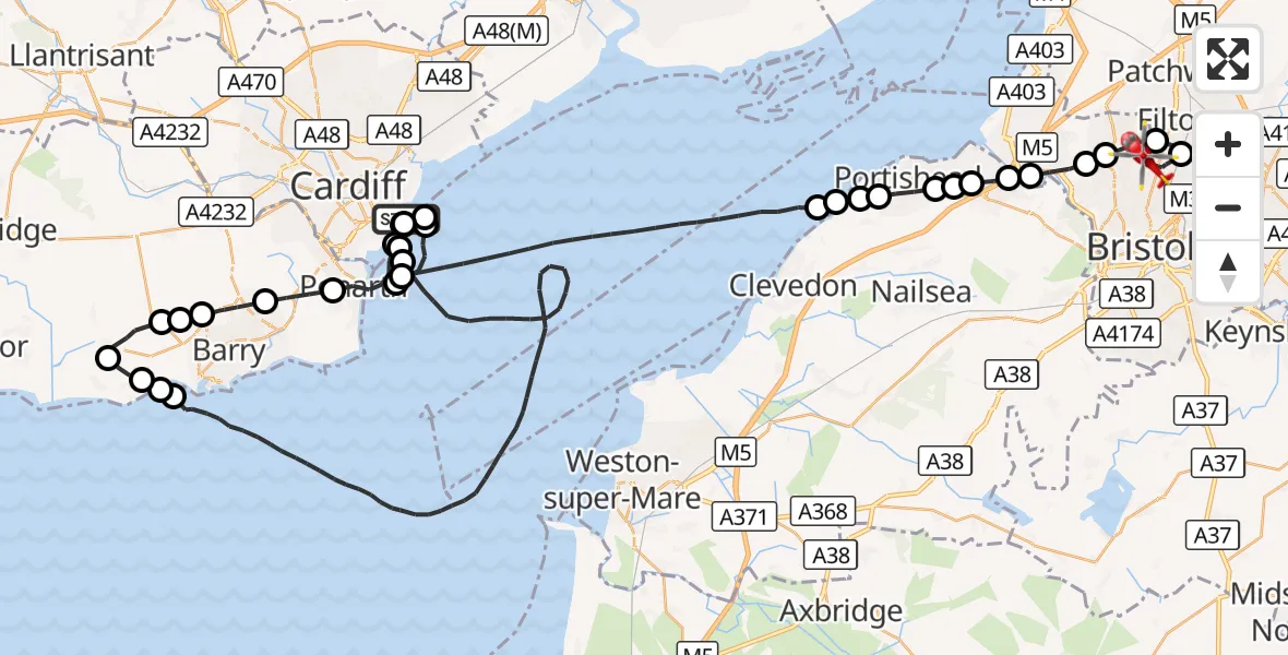 Flight route Air Ambulance Helicopter Cardiff Heliport - Bristol, 08 September 2026, 20:38