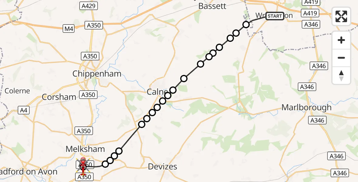 Flight route Air Ambulance Helicopter Wroughton - Wiltshire Air Ambulance, 08 September 2026, 20:39
