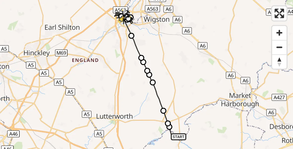 Flight route Police Helicopter Husbands Bosworth - Blaby, 08 September 2026, 21:20