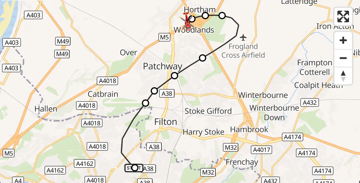 Flight route Air Ambulance Helicopter Southmead Hospital - Almondsbury Helicopter Base, 08 September 2026, 21:22
