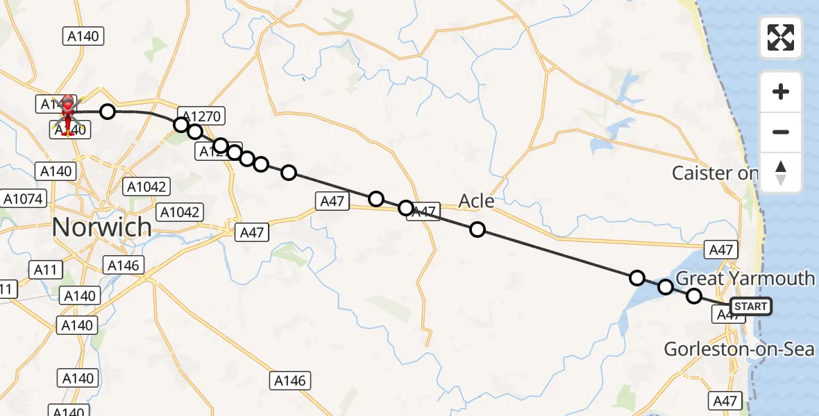 Flight route Air Ambulance Helicopter Gorleston-on-Sea - Norwich Airport, 08 September 2026, 22:01