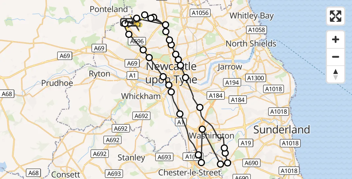 Flight route Police Helicopter Newcastle International Airport - Woolsington, 08 September 2026, 22:10