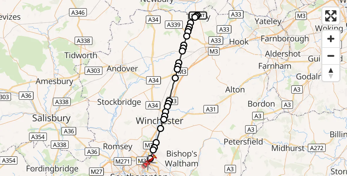 Flight route Air Ambulance Helicopter Tadley - Southampton Airport, 08 September 2026, 22:13