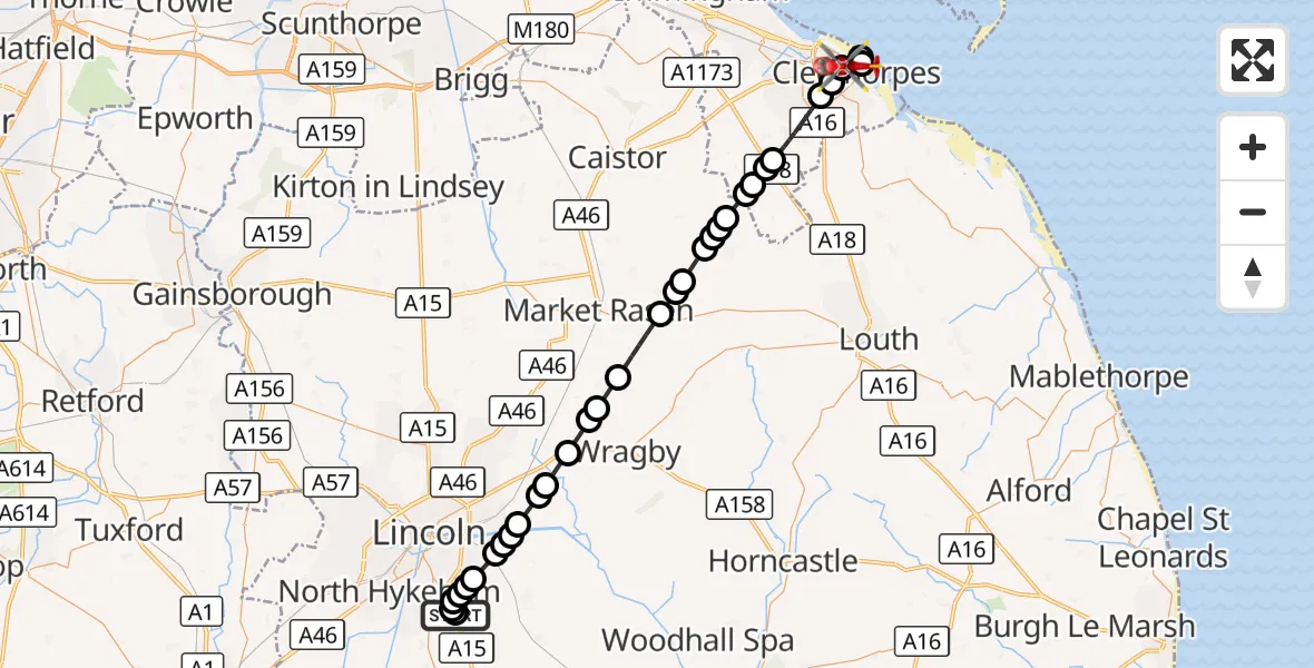 Flight route Air Ambulance Helicopter RAF Waddington - Cleethorpes, 08 September 2026, 22:15