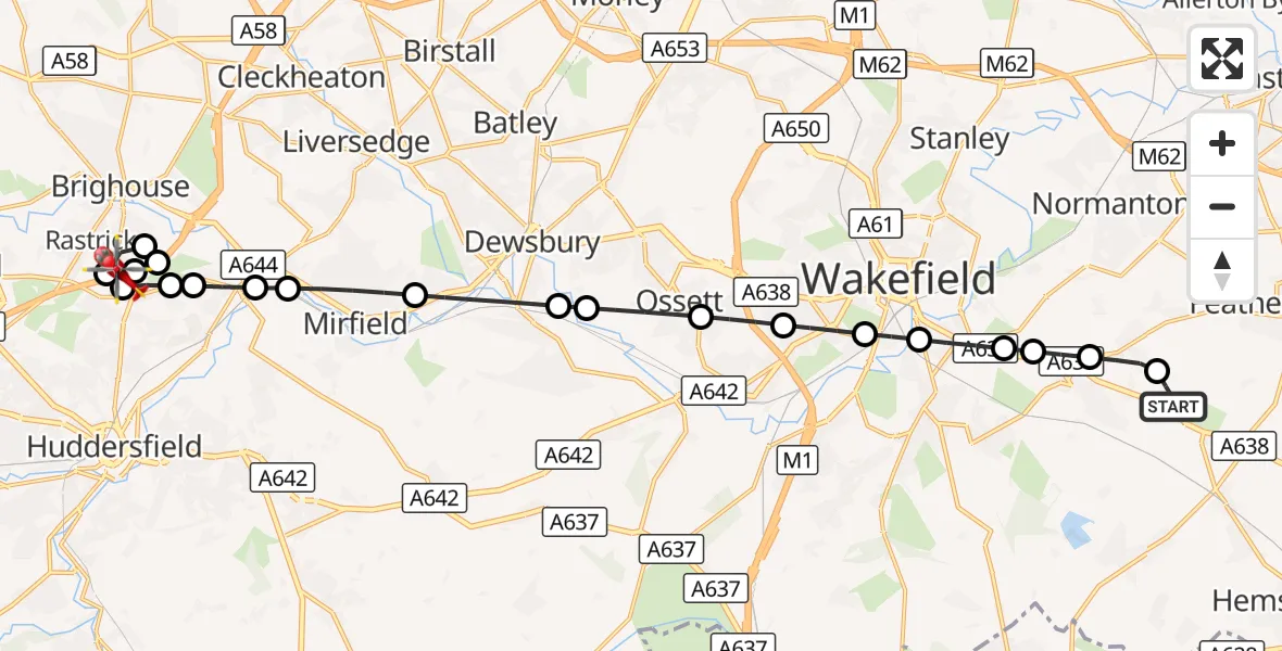 Flight route Air Ambulance Helicopter YAA Nostell Helicopter Port - Fixby, 08 September 2026, 23:24