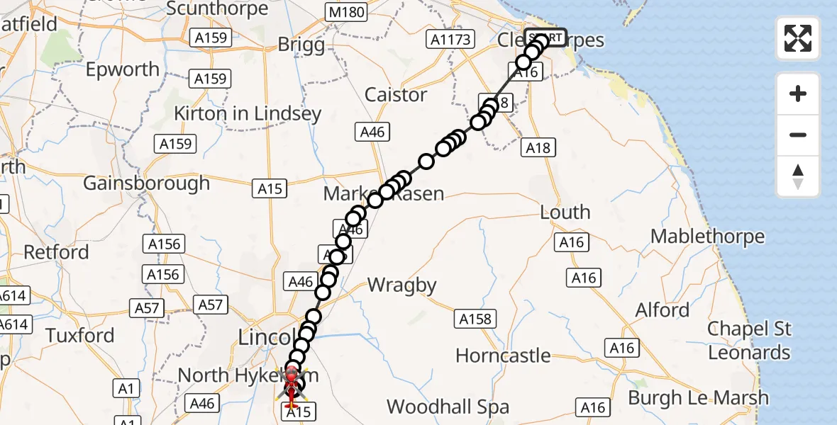 Flight route Air Ambulance Helicopter Cleethorpes - North Kesteven, 08 September 2026, 23:43