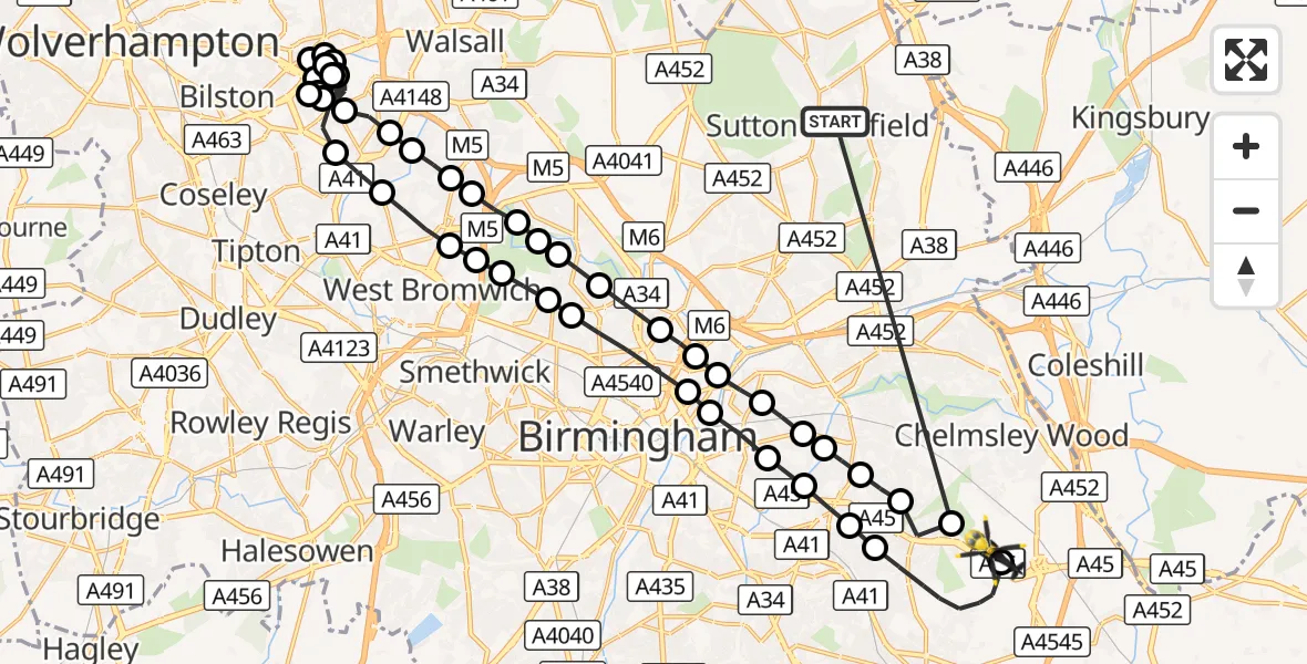 Flight route Police Helicopter Sutton Coldfield - Solihull, 08 September 2026, 23:50
