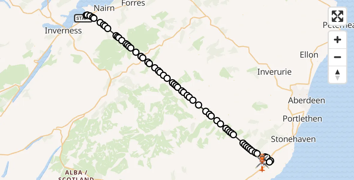 Flight route Coastguard Helicopter Inverness Airport - Laurencekirk, 09 September 2026, 02:22