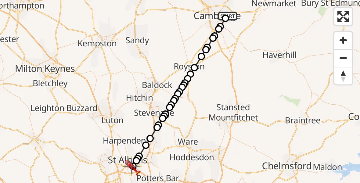 Flight route Air Ambulance Helicopter Cambridge City Airport - London Colney, 09 September 2026, 07:25