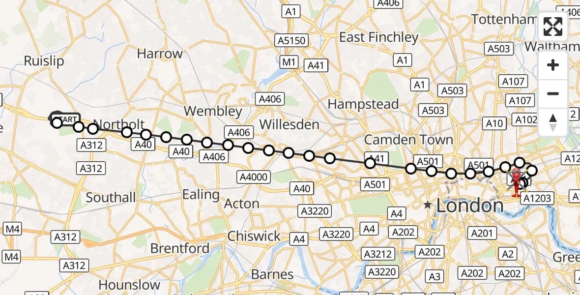 Flight route Air Ambulance Helicopter RAF Northolt - Royal London Hospital, 09 September 2026, 07:27