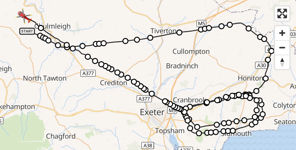 Flight route Air Ambulance Helicopter Ashreigney - Burrington, 09 September 2026, 07:39